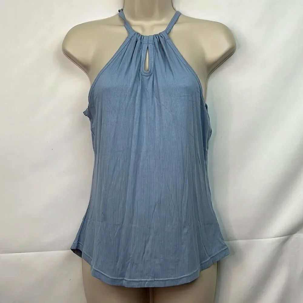 Ekouaer blue ribbed knit halter top size L NWT